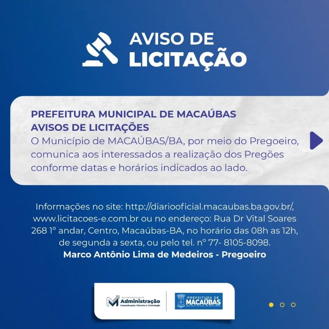 AVISOS DE LICITAÇÕES - PREFEITURA MUNICIPAL DE MACAÚBAS - BA