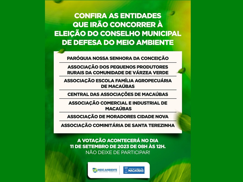 A ELEIÇÃO DO CONSELHO MUNICIPAL DE DEFESA DO MEIO AMBIENTE OCORRERÁ NO DIA 11 DE SETEMBRO, NA SEDE DA SECRETARIA MUNICIPAL DE MEIO AMBIENTE